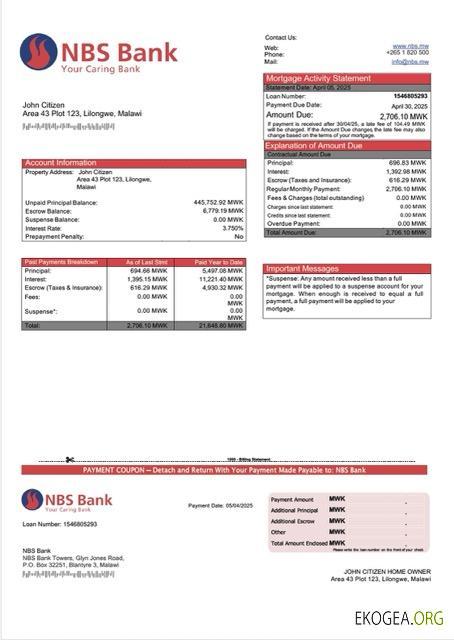 Modèle Word et PDF de relevé hypothécaire de la Banque NBS du Malawi